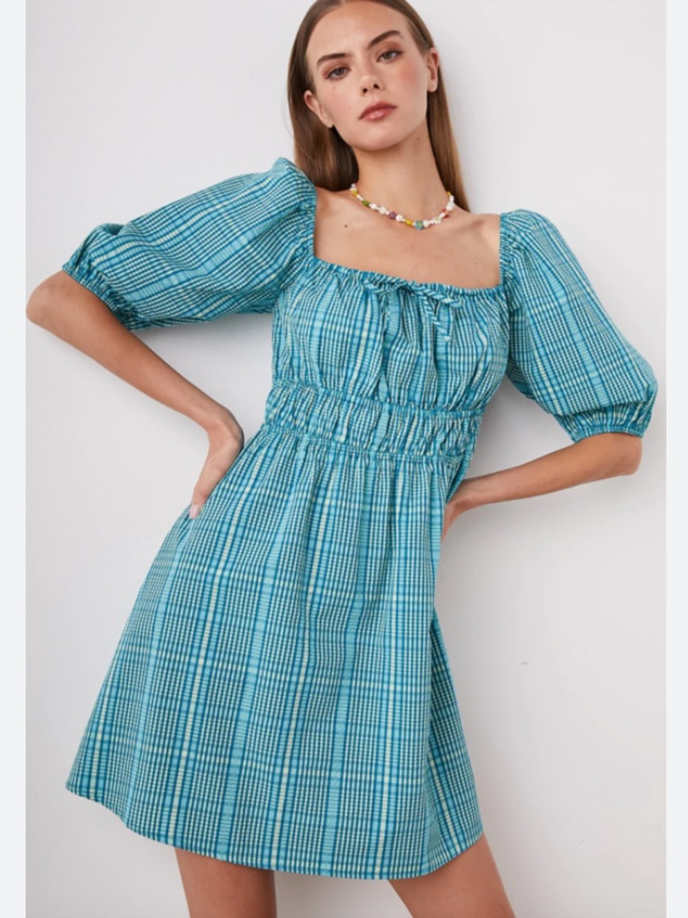 New Rails Blue Green  Dress Size L Brenda Check Mini Babydoll Summer Vacation